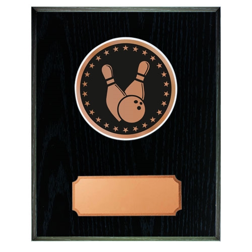 Svart träplakett med skiva Bowling