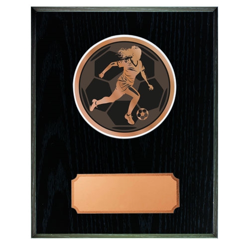 Svart träplakett med skiva Fotboll-dam