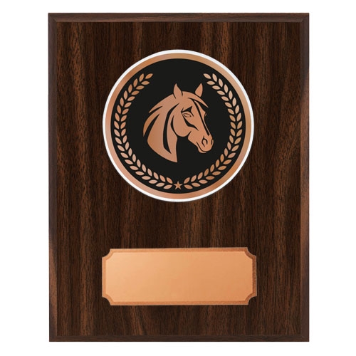Mörk träplakett med skiva häst